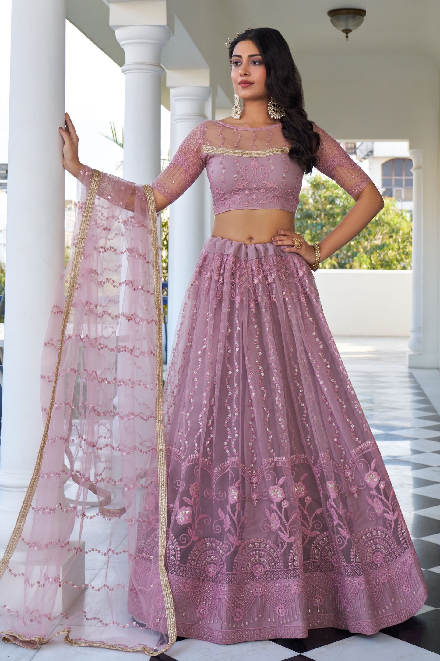 Blush Pink Net Embroidered Lehenga Choli For  Festival & Weddings - Embroidery Work