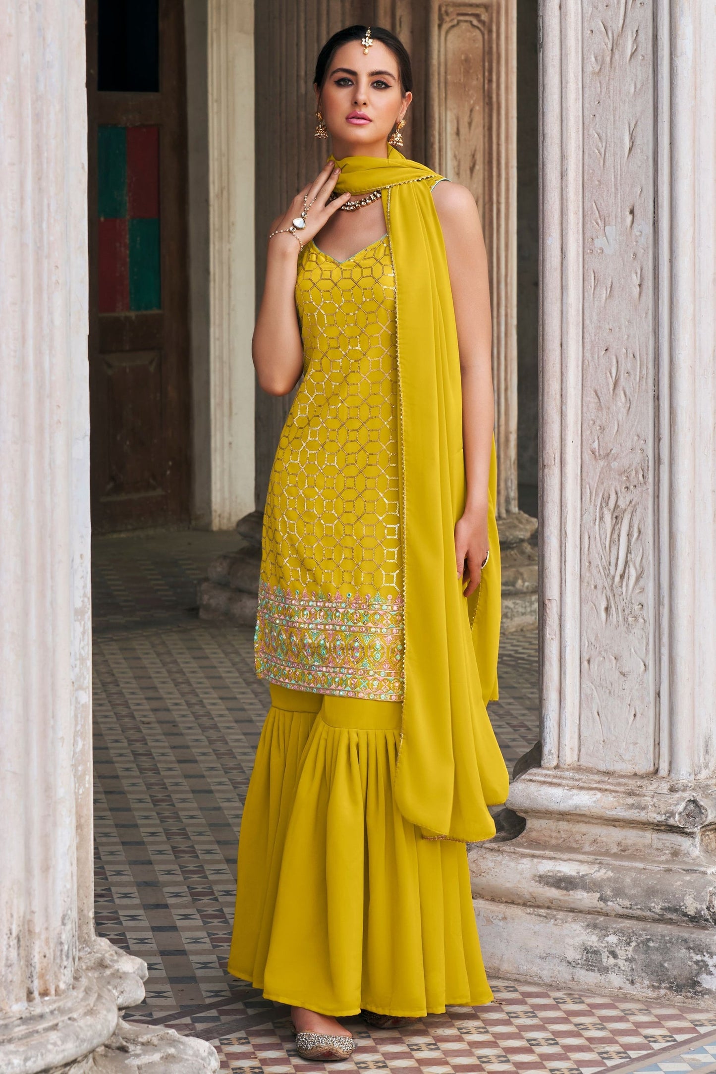 Yellow Georgette Sharara Suits - Thread & Sequence Embroidery Work