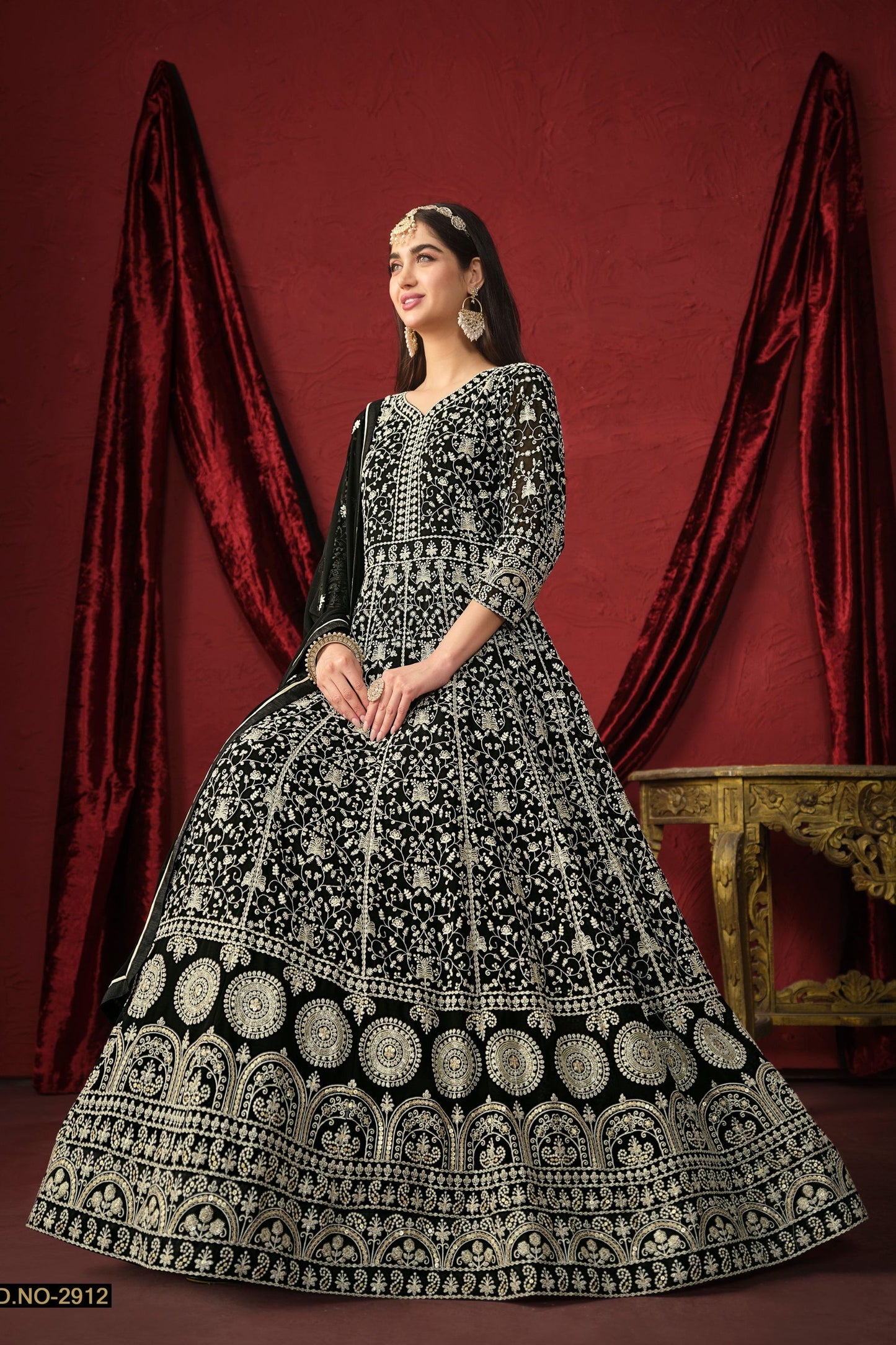 Black Georgette Full Floor Length Anarkali Gown For  Festivals & Weddings - Thread Embroidery Work