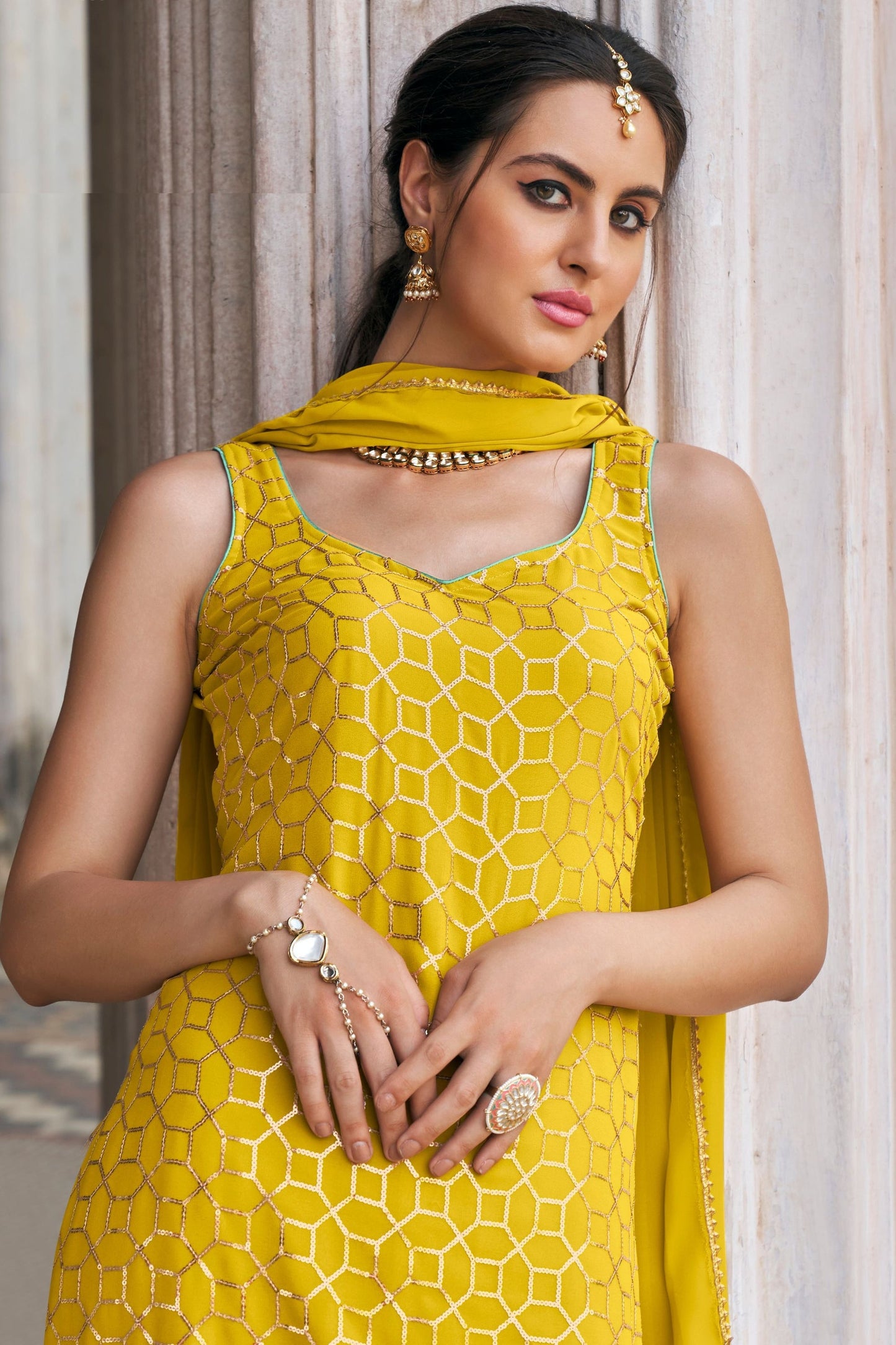 Yellow Georgette Sharara Suits - Thread & Sequence Embroidery Work