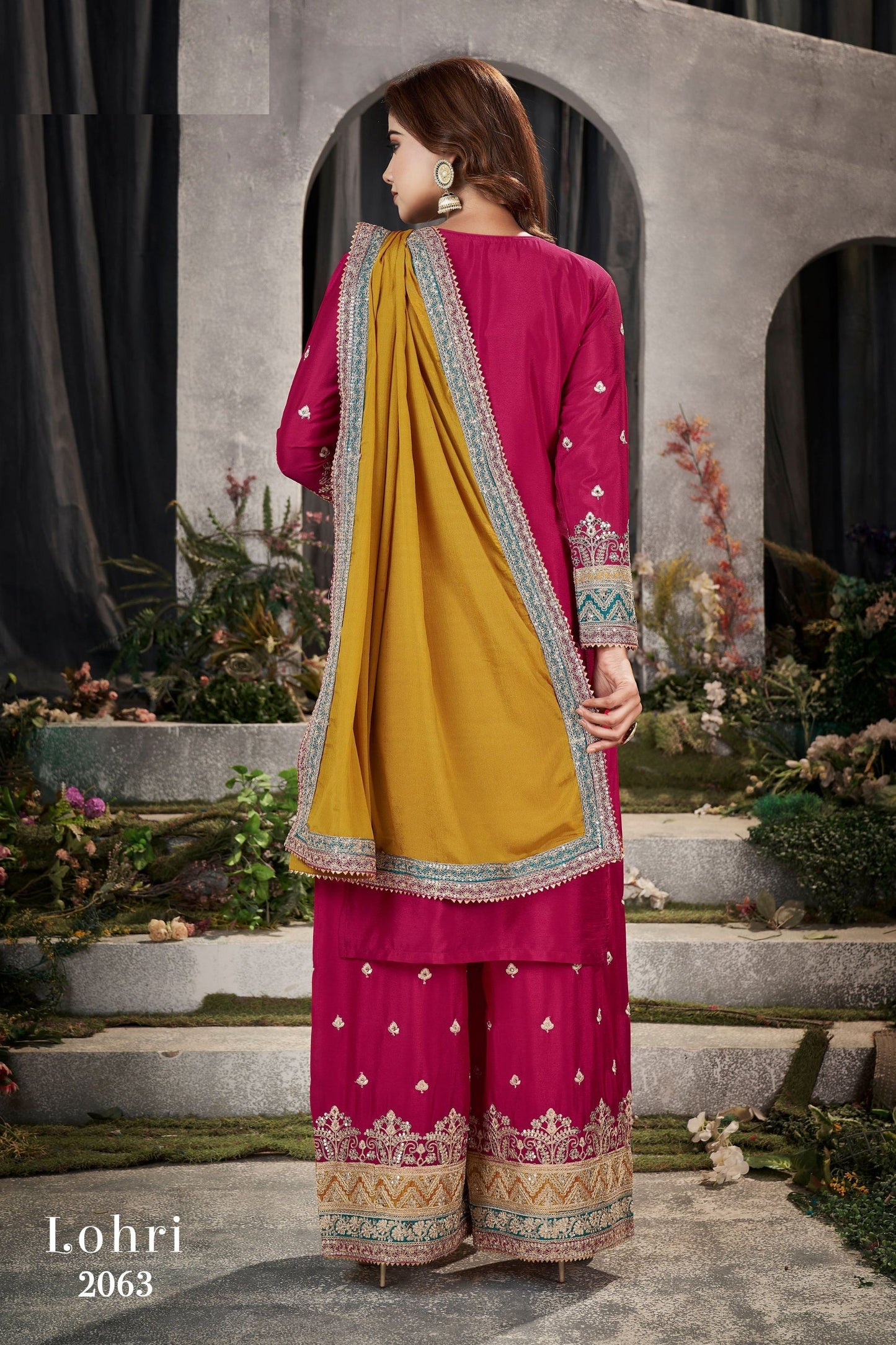 Turquoise Chinon Silk Plazo Suit - Sequence Embroidery Work, Mirror Work