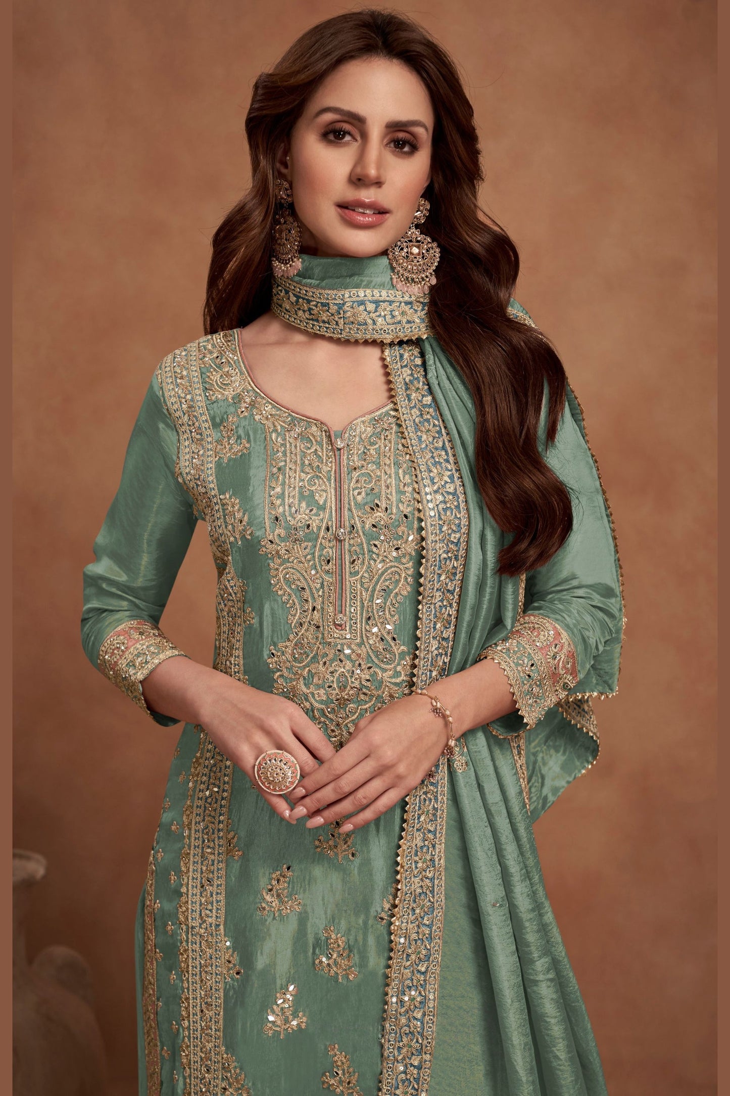 Dusty Green Simar Silk Plazo Suit - Embroidery Work