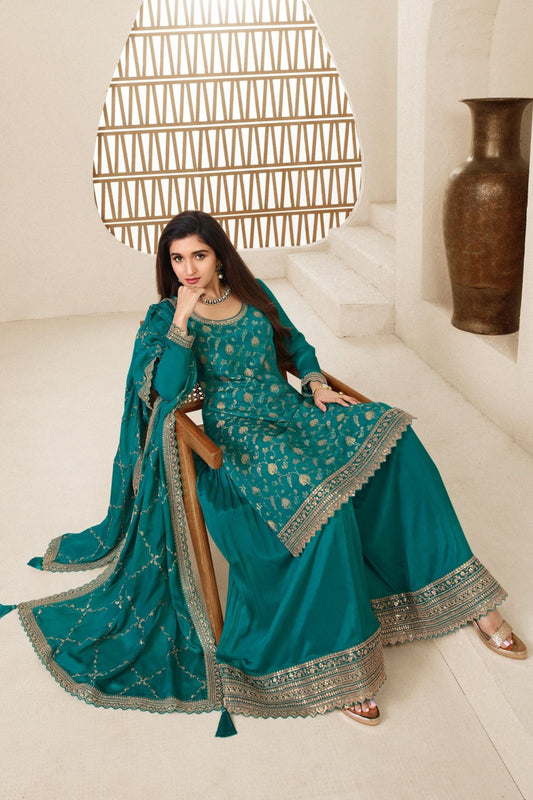 Turquoise Jacquard Silk Palazzo Suit Plazo Weddings Dress - Embroidery Work