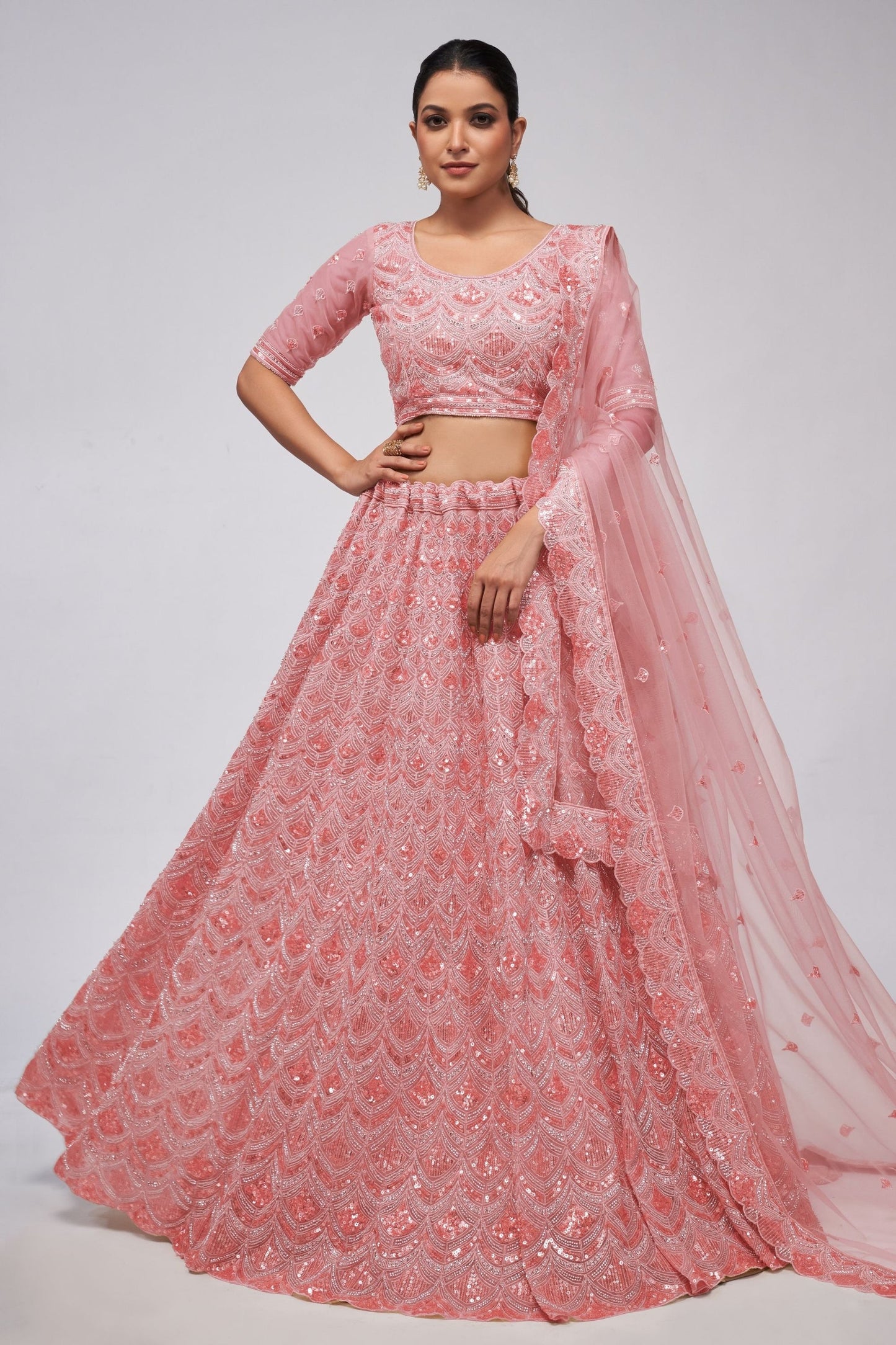 Odette Pink Net Lehenga Choli For  Festivals & Weddings - Sequence Embroidery Work, Bead Work, Zarkan Work