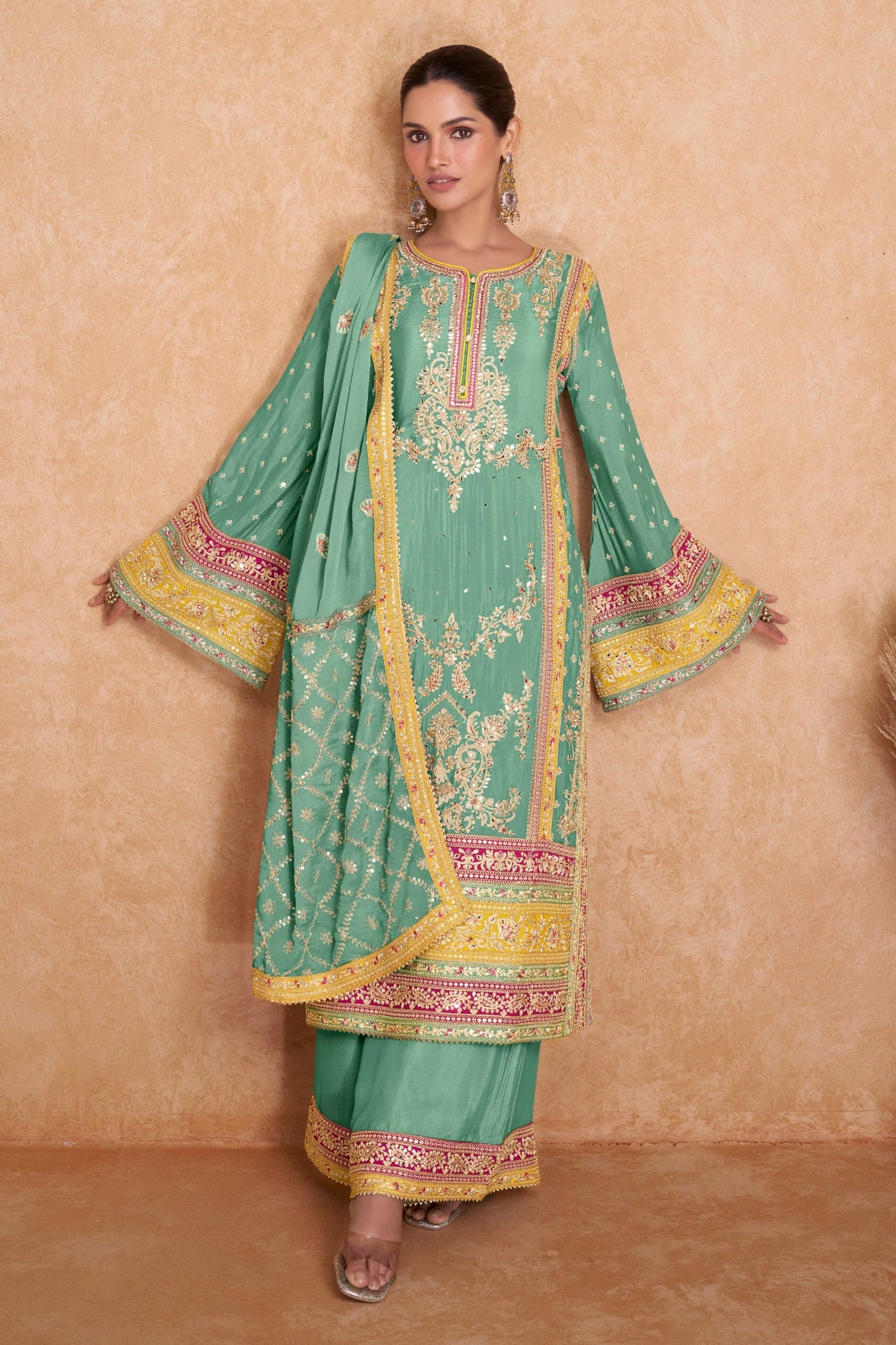 Yellow Chinon Plazo Suit For Indian Festivals & Weddings - Embroidery Work