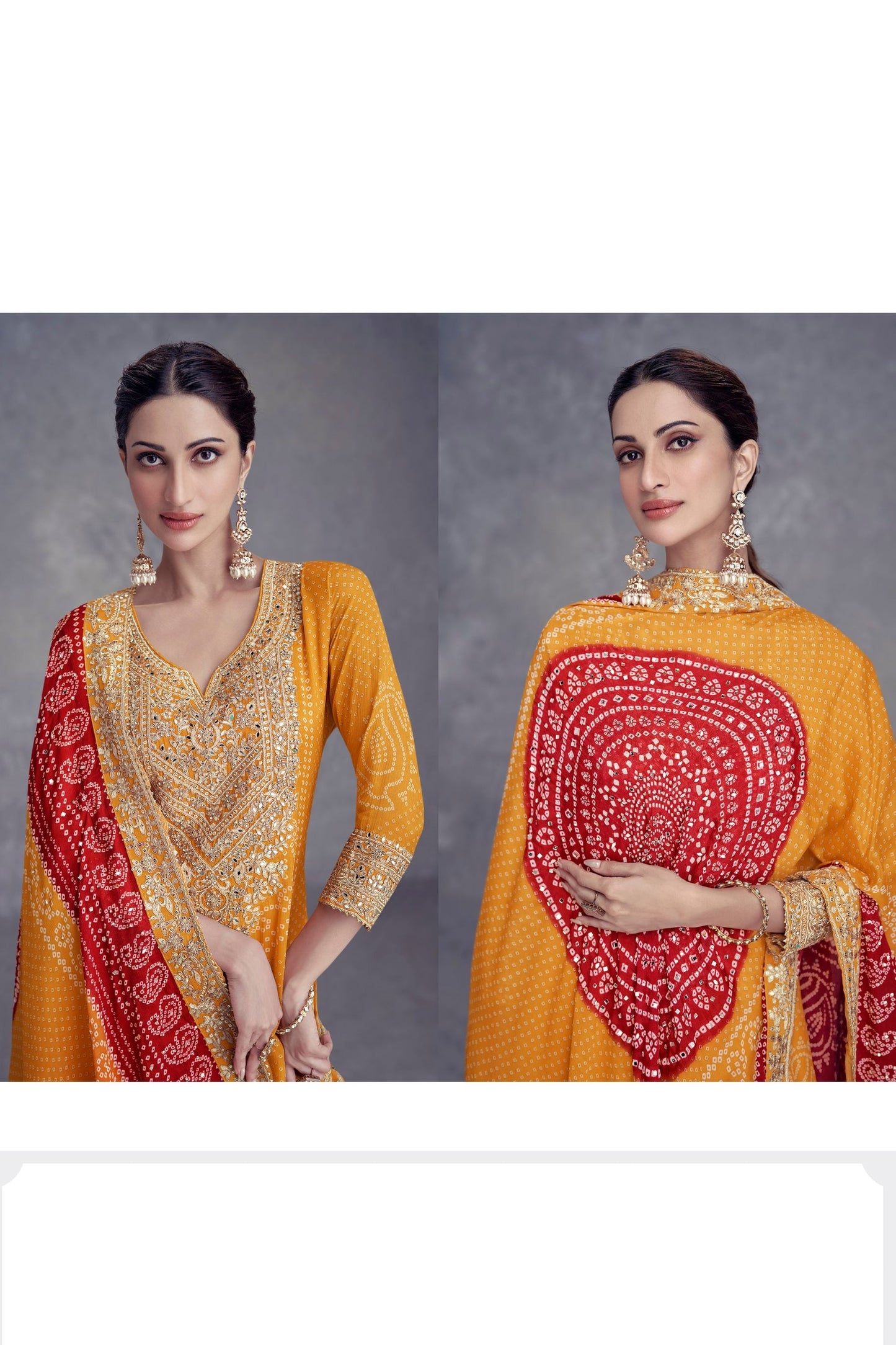 Yellow Chinon Silk Bandhani Style Patter Palazzo Suit For Indian Festivals & Weddings - Embroidery Work, Mirror Work, Print Work