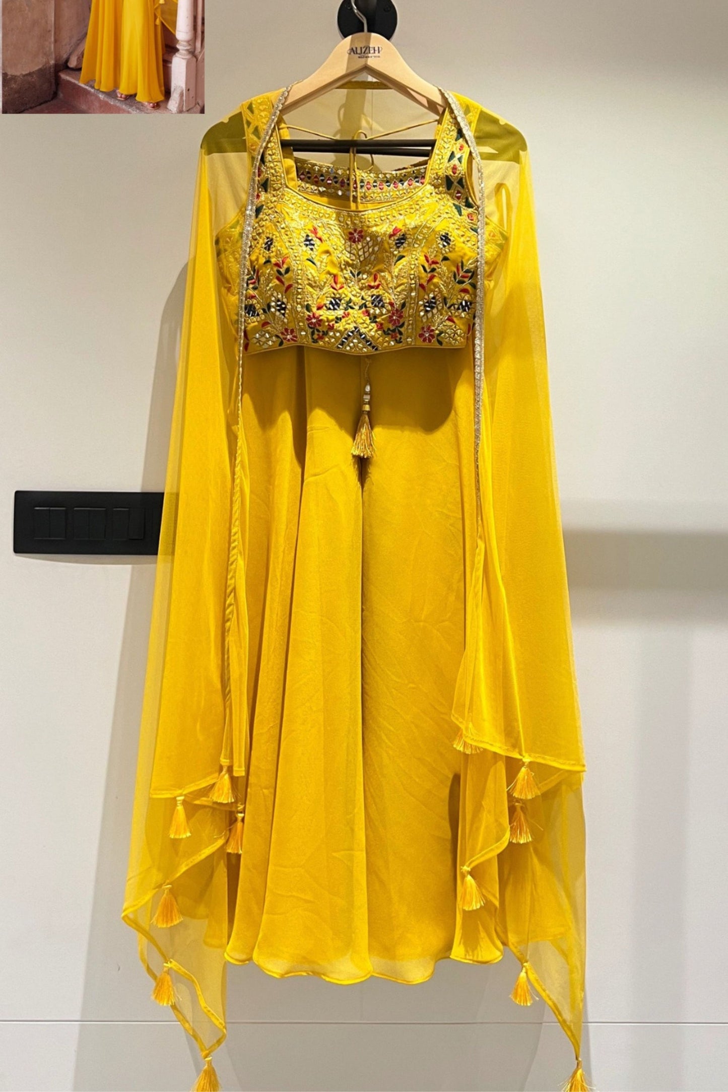 Yellow Georgette Palazzo Choli For Festivals & Weddings - Thread Embroidery Work, Hand Embellishment, Mirror Work