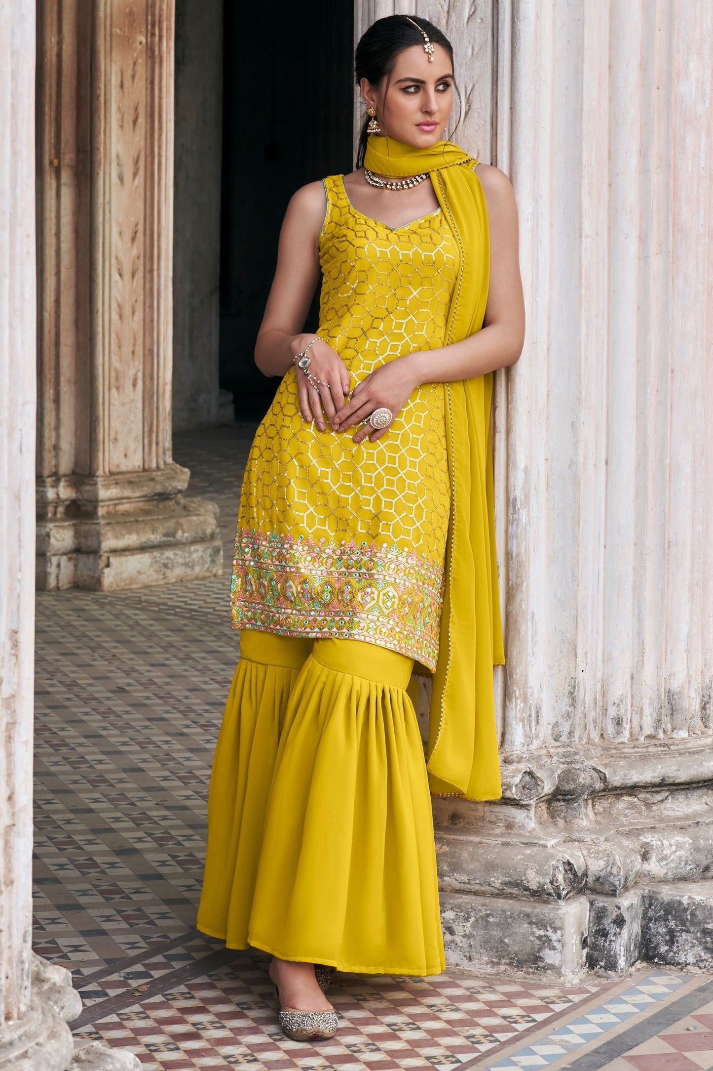 Yellow Georgette Sharara Suits - Thread & Sequence Embroidery Work