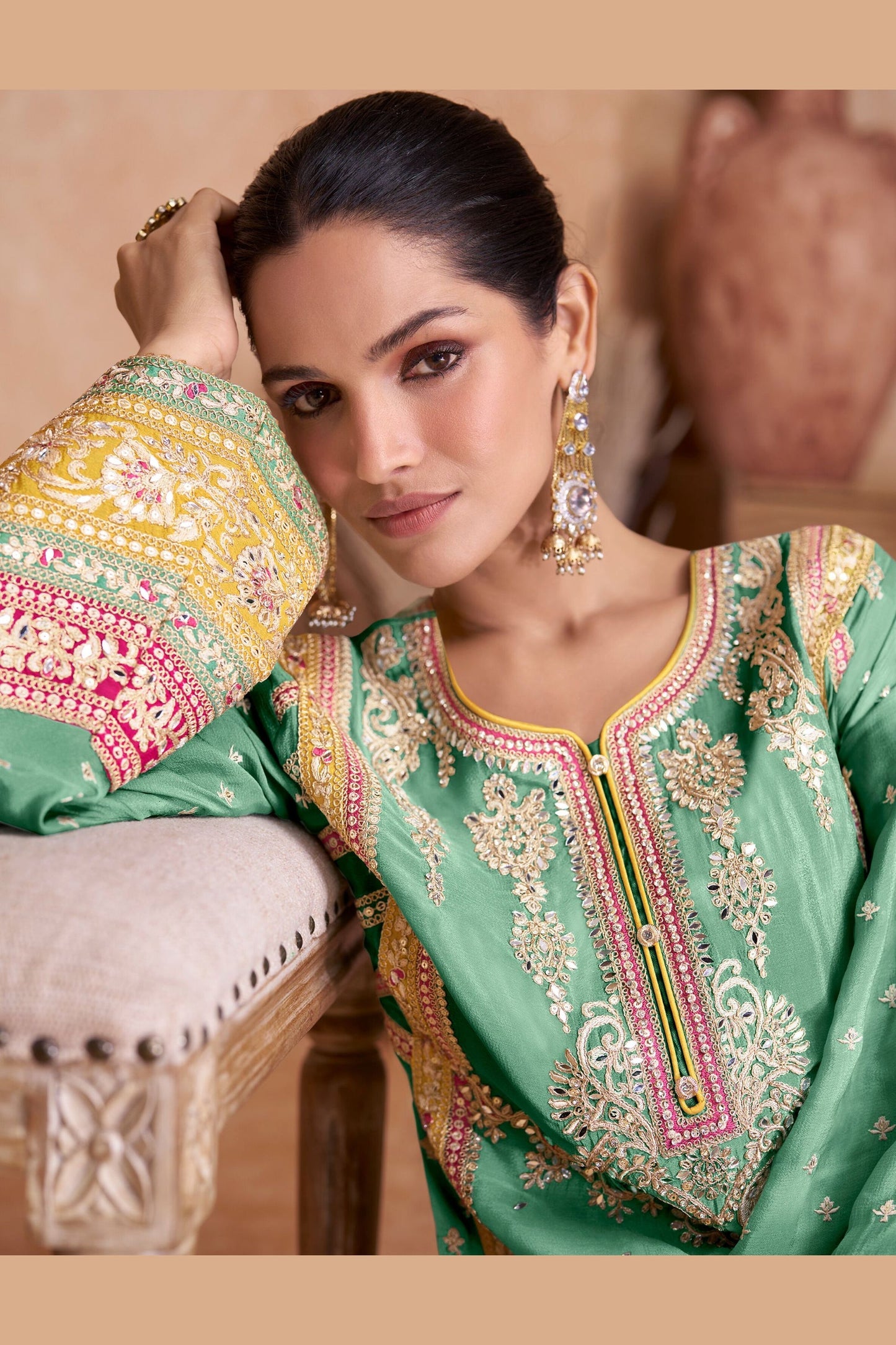 Yellow Chinon Plazo Suit For Indian Festivals & Weddings - Embroidery Work