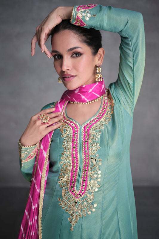 Green Organza Salwar suit - Embroidery Work