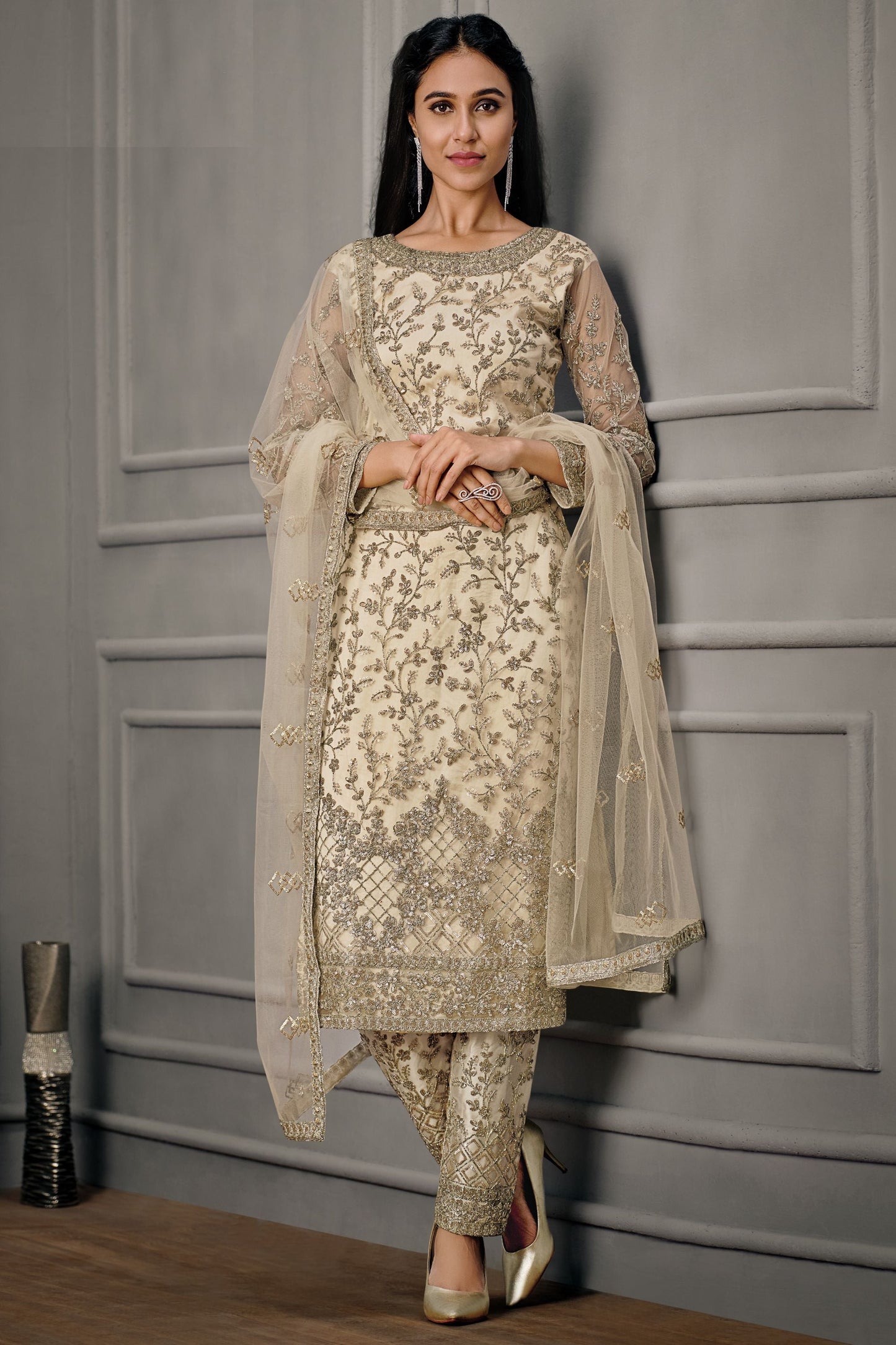 Cream Net salwar with Pant - Embroidery Work