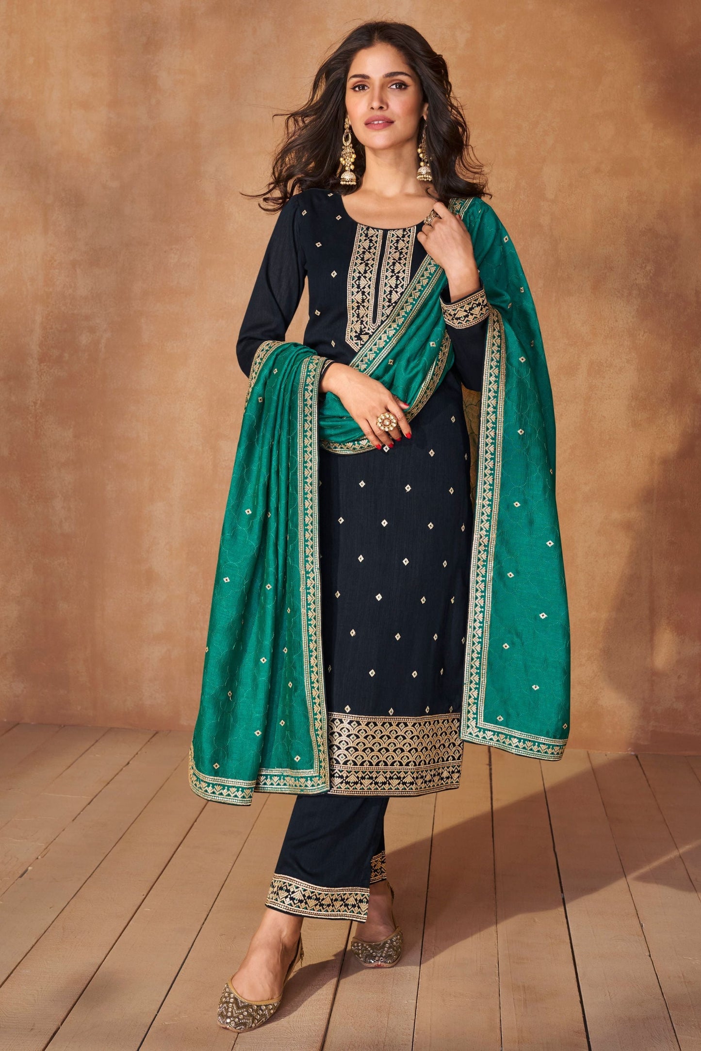 Navy Blue Silk Salwar suit - Thread Embroidery Work