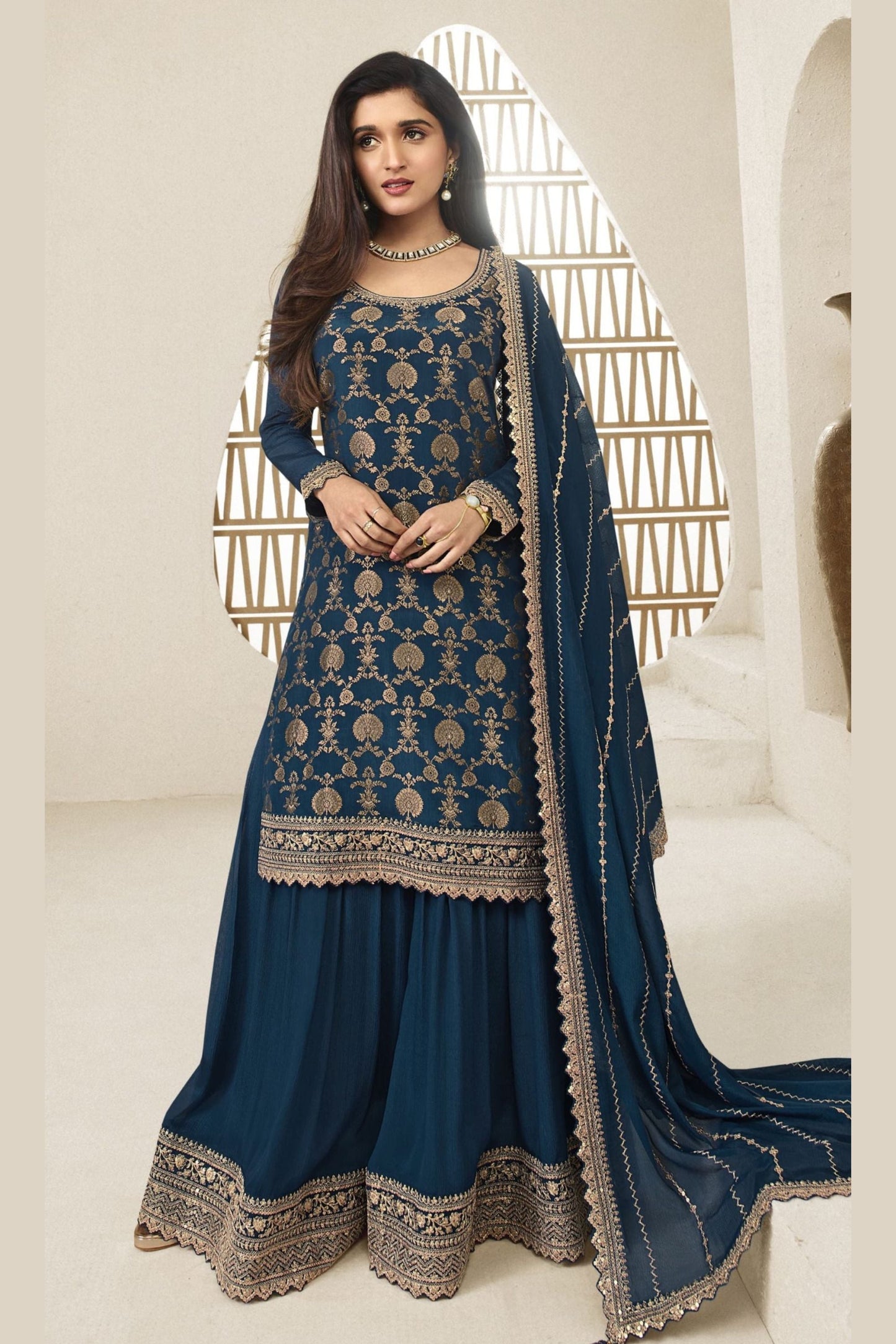 Teal Jacquard Silk Palazzo Suit - Embroidery Work