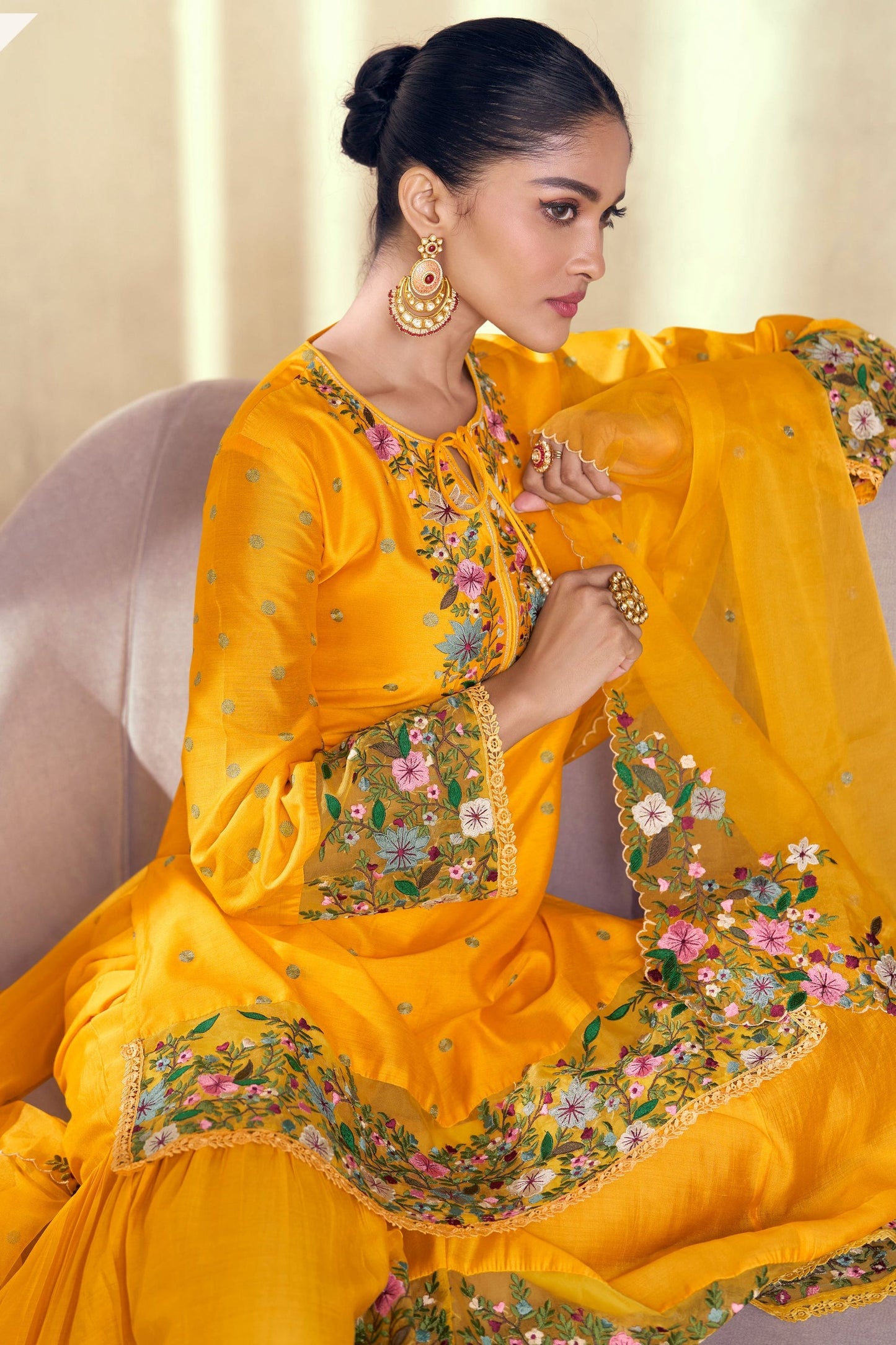 Yellow Real Silk Sharara Kameez Suit - Embroidery Work