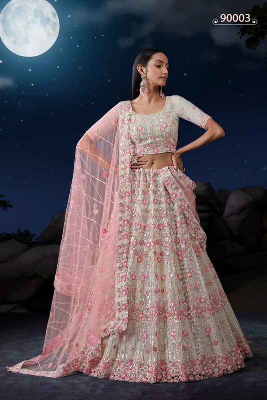 White Net Lehenga Choli For Festivals & Weddings - Sequence Embroidery Work, Zarkan Work, Thread Embroidery Work