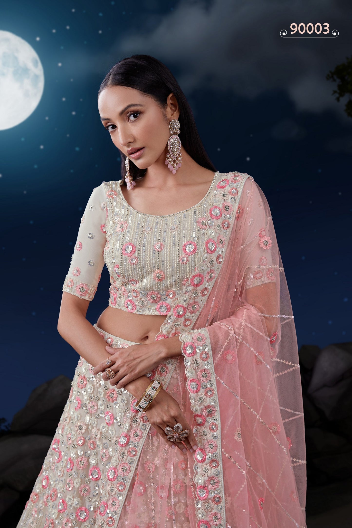 White Net Lehenga Choli For Festivals & Weddings - Sequence Embroidery Work, Zarkan Work, Thread Embroidery Work