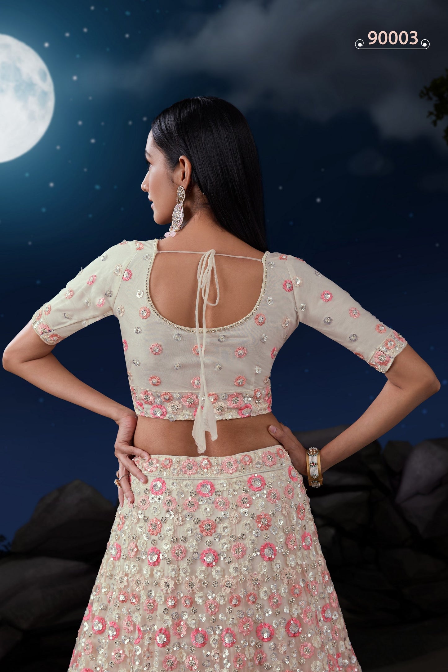 White Net Lehenga Choli For Festivals & Weddings - Sequence Embroidery Work, Zarkan Work, Thread Embroidery Work