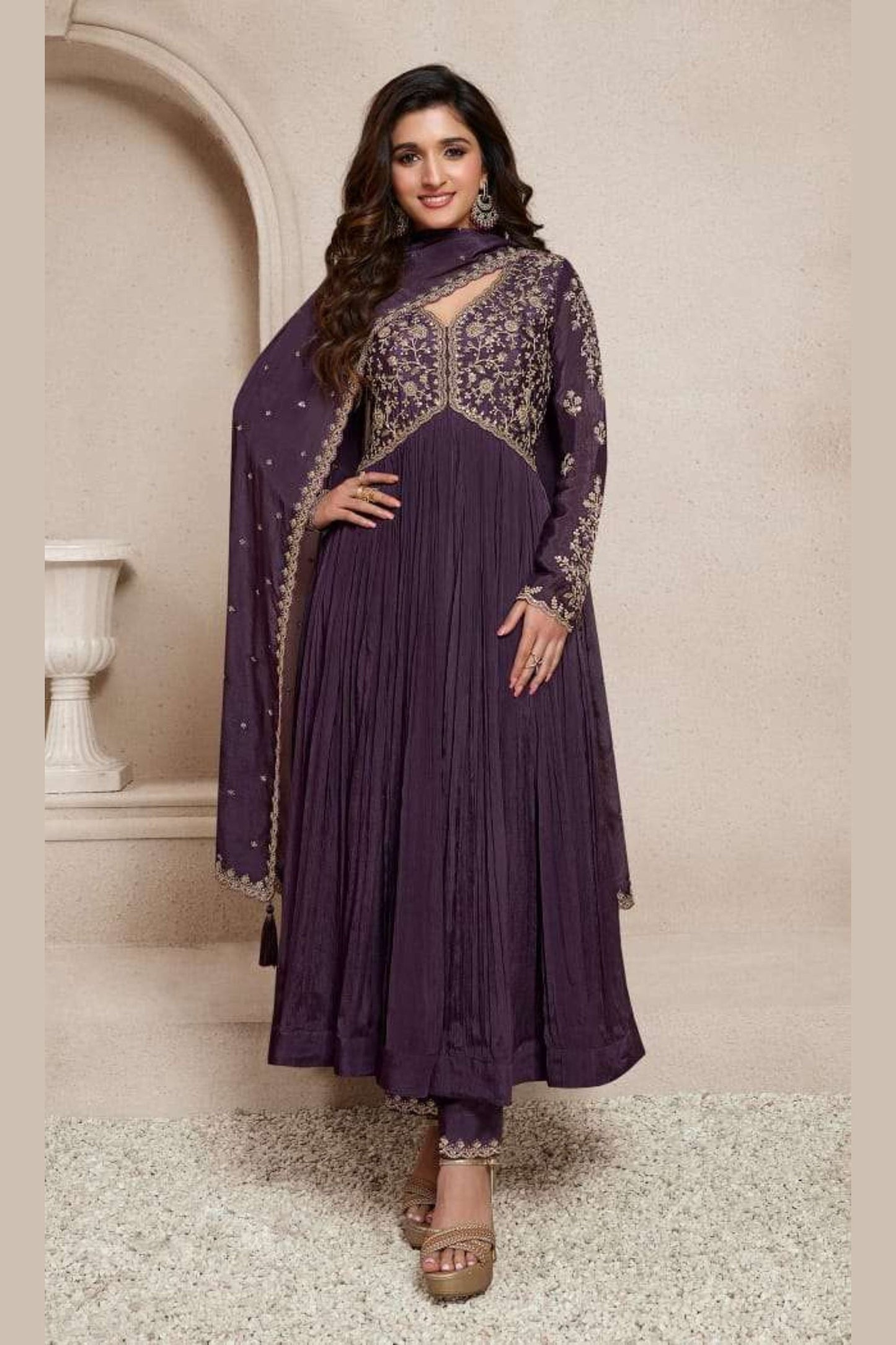 Wine Chinon Silk Anarkali Suit For  Festivals &  Weddings Dress - Embroidery Work