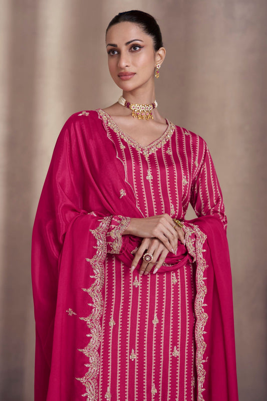 Pink Chinon Silk Sharara Suit - Embroidery Work