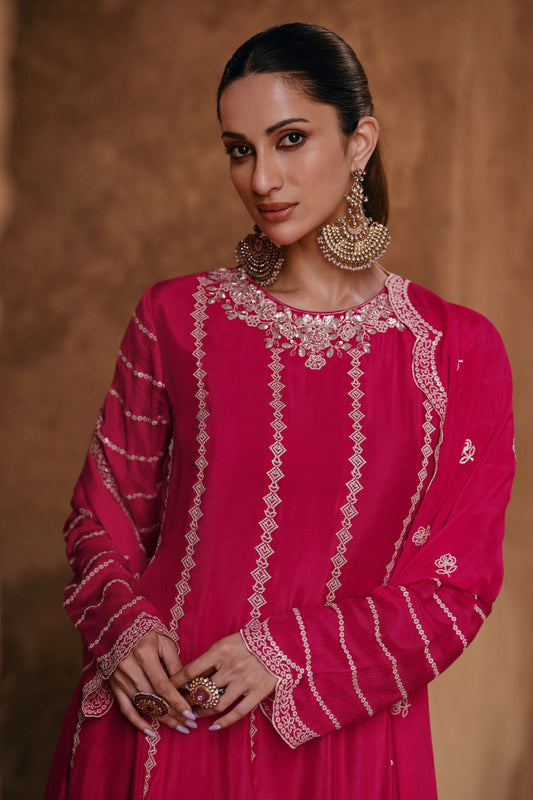 Pink Chinon Silk Sharara Suit - Embroidery Work