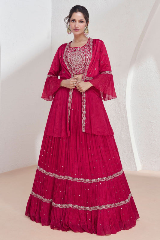 Reddish Pink Georgette Lehenga Choli with Koti For Wedding &  Festival - Embroidery Work