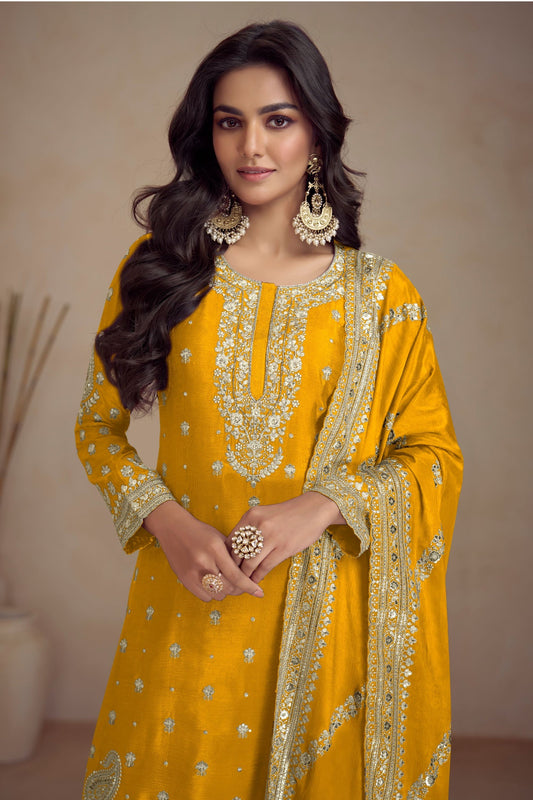 Yellow Chinon Silk Plazo Suit For Weddings & Festival - Embroidery Work