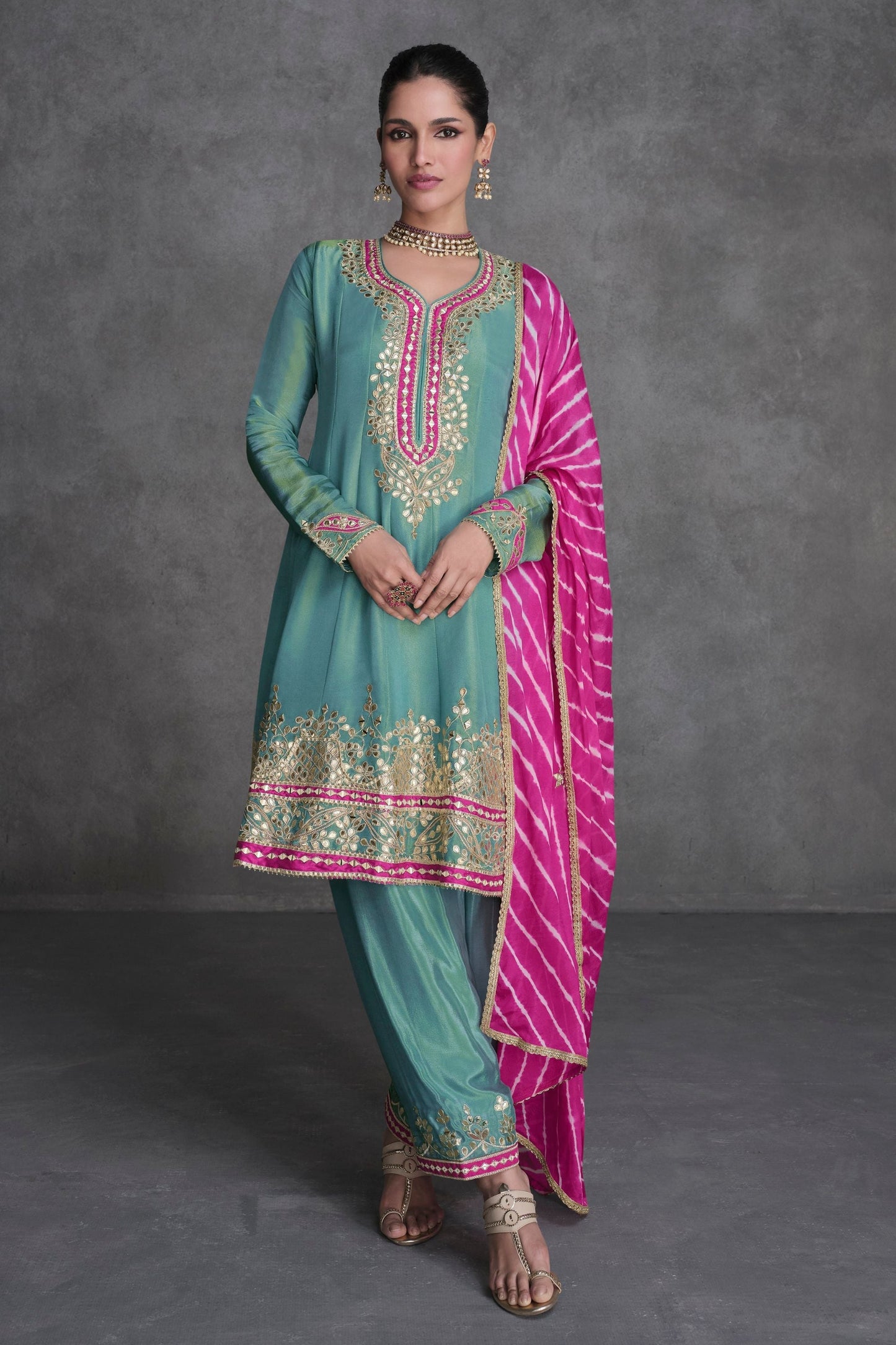 Green Organza Salwar suit - Embroidery Work