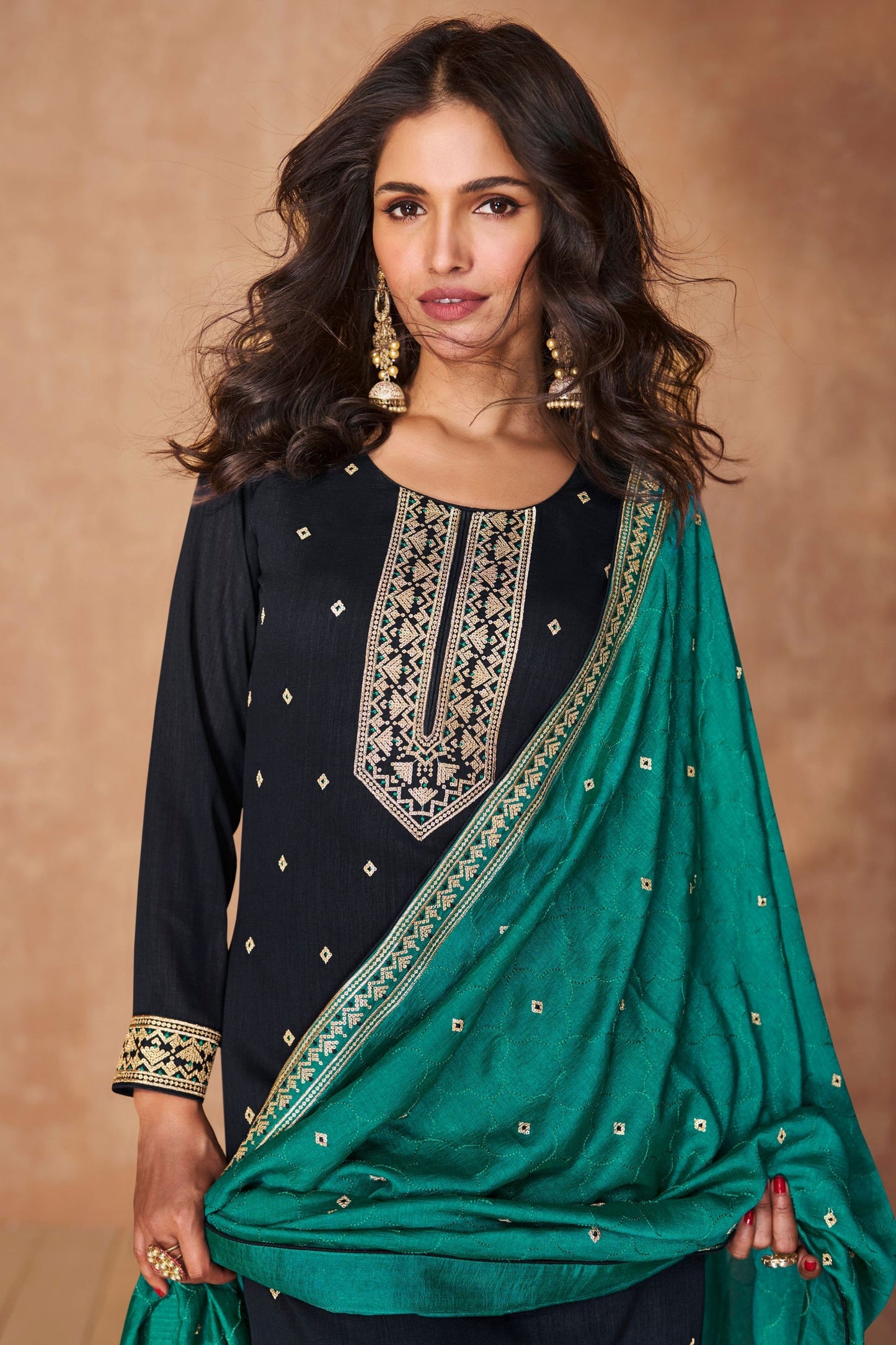 Navy Blue Silk Salwar suit - Thread Embroidery Work