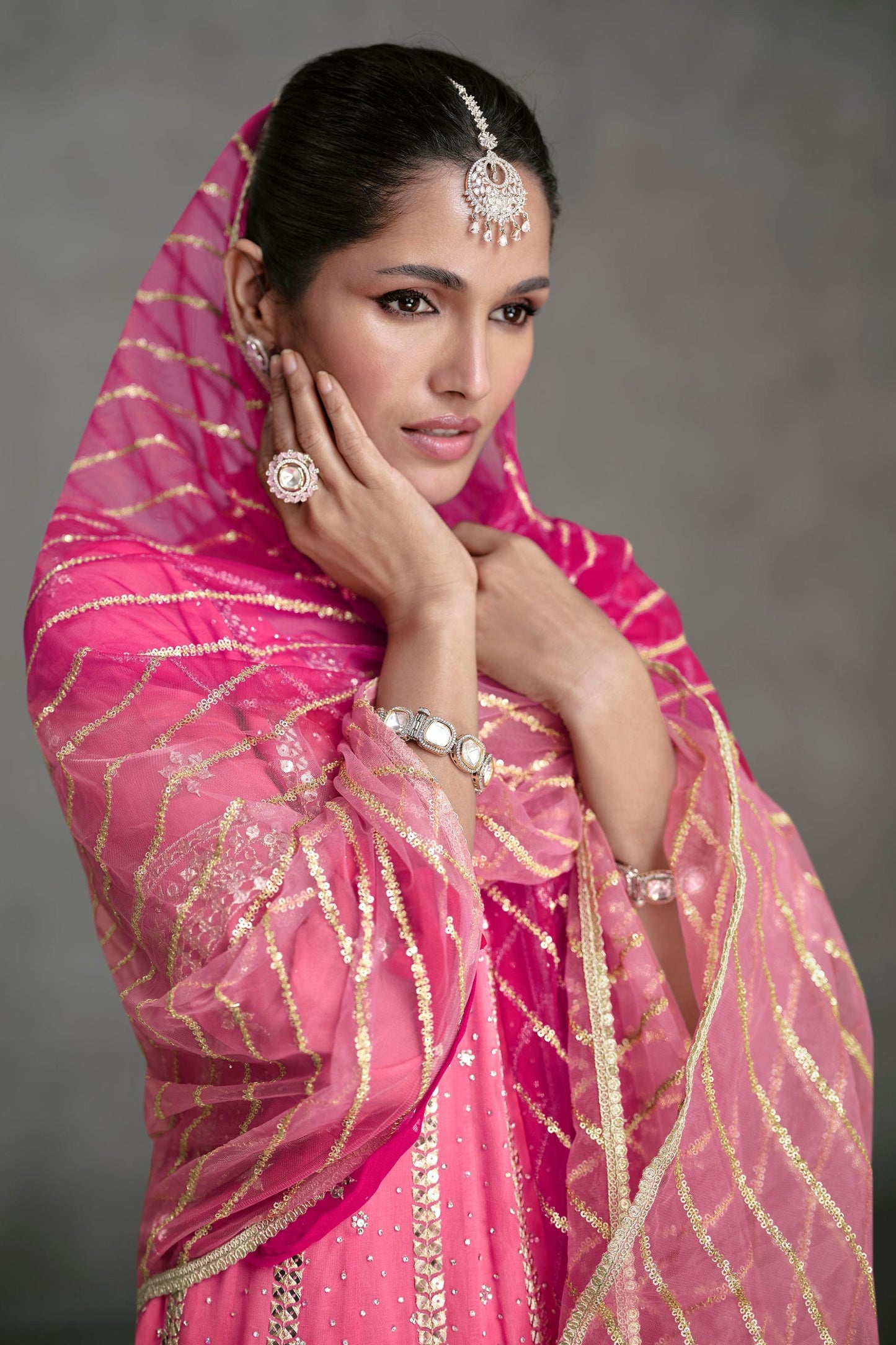 Pink Georgette Dual Tone Plazo Suit For Indian Festivals & Pakistani Weddings - Embroidery Work