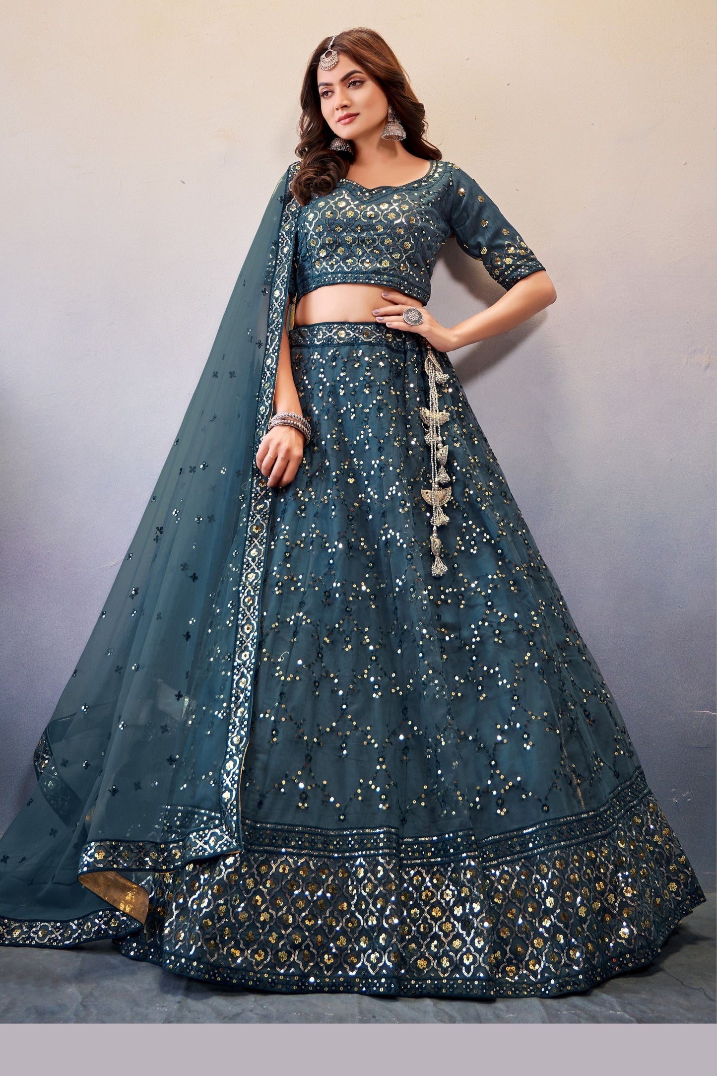 Teal Georgette Lehenga Choli For  Festivals & Weddings - Sequence Embroidery Work