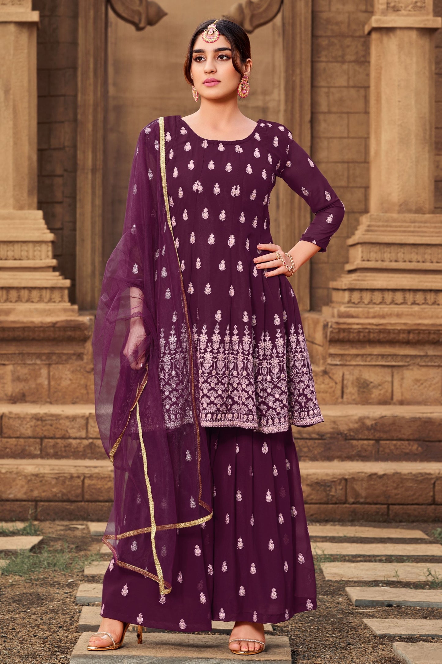 Purple Georgette Sharara suit - Thread Embroidery Work