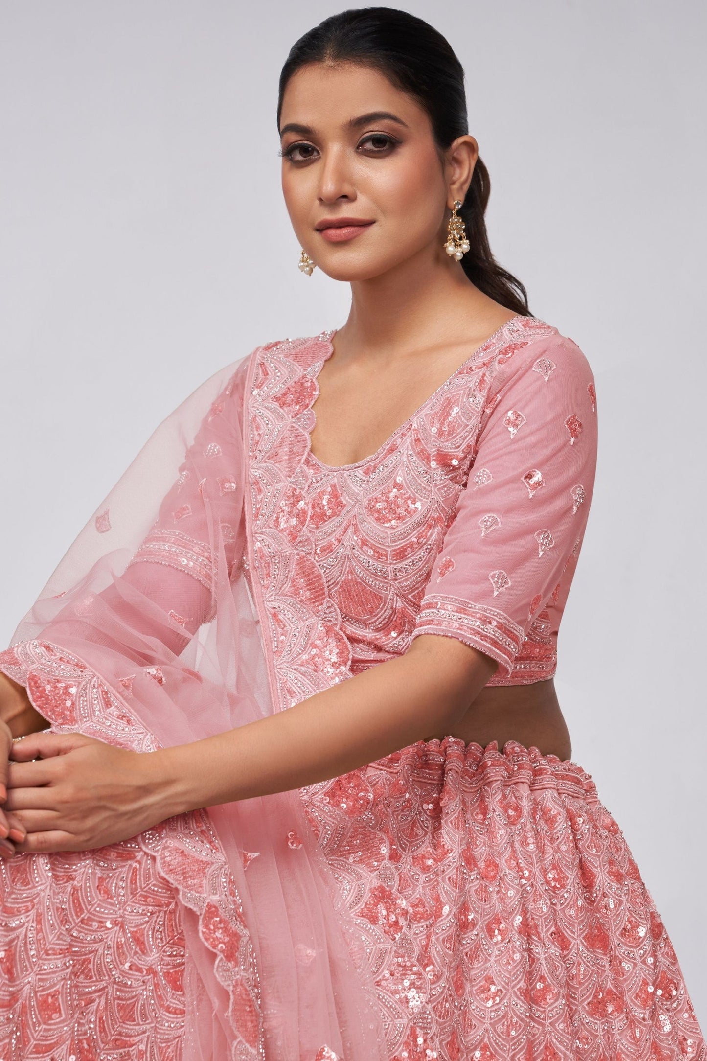 Odette Pink Net Lehenga Choli For  Festivals & Weddings - Sequence Embroidery Work, Bead Work, Zarkan Work
