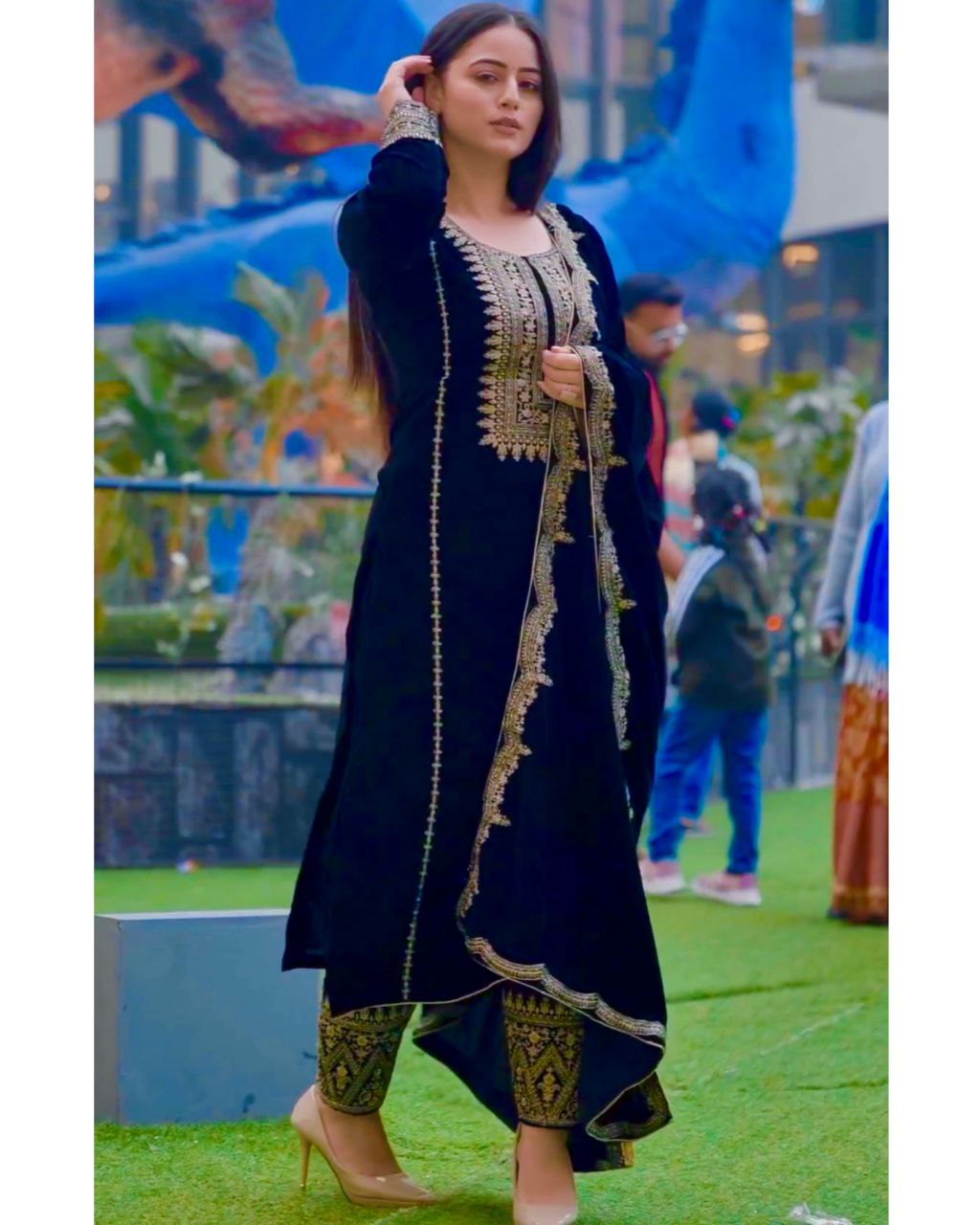 Alluring Black Micro Velvet Embroidery Work Pant Suit With Georgette Dupatta