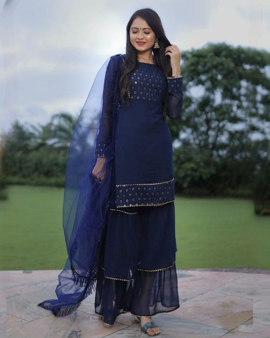 Neavy Blue Heavy Georgette Thread Work Sharara Suit With Dupatta