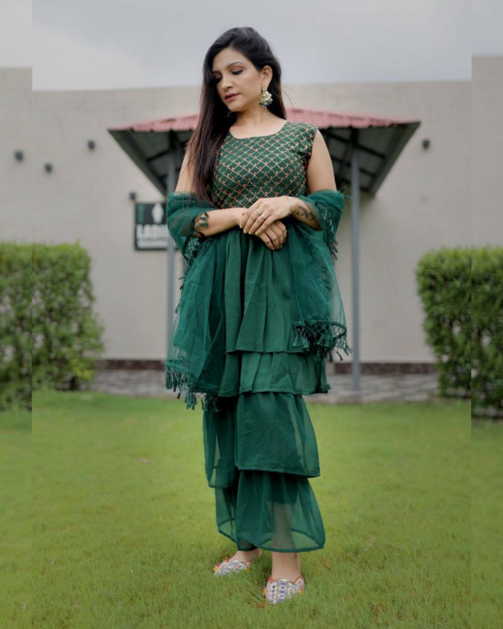 Green Heavy Georgette Thread Work Sharara Suit With Dupatta