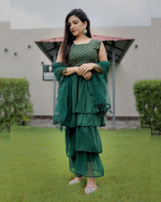 Green Heavy Georgette Thread Work Sharara Suit With Dupatta