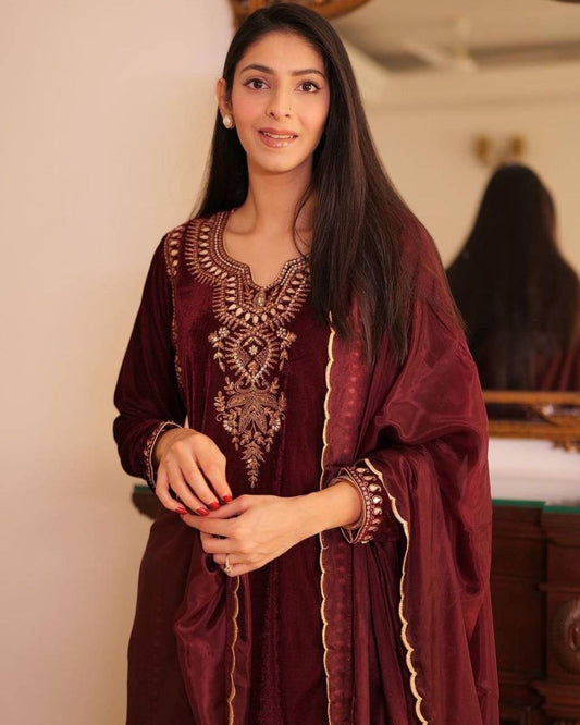 Beautiful Maroon Velvet Fancy Cording Squence Work Pant Suit With Dupatta