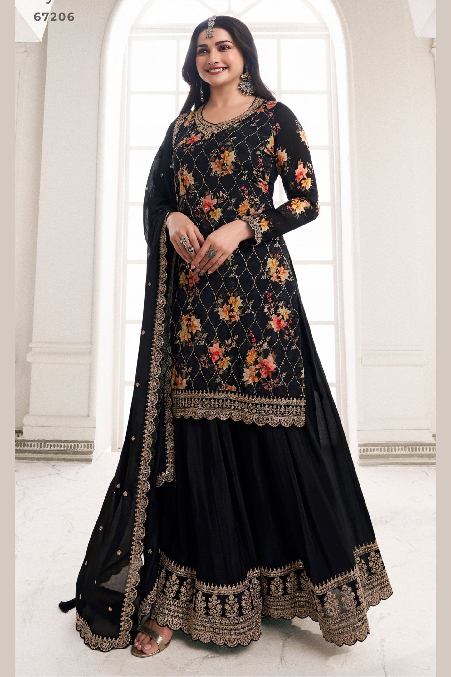 Black Chinon Silk Plus Size Floral Plazo Suit For Indian Festivals & Pakistani Weddings Dress - Embroidery Work, Print Work