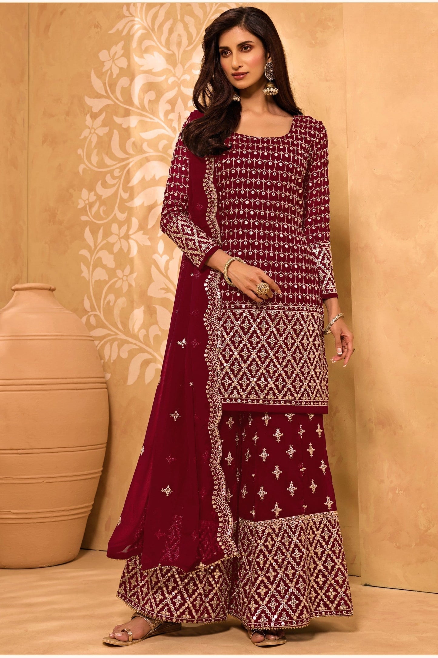 Red Georgette Suit - Sequence Embroidery Work, Zari Work