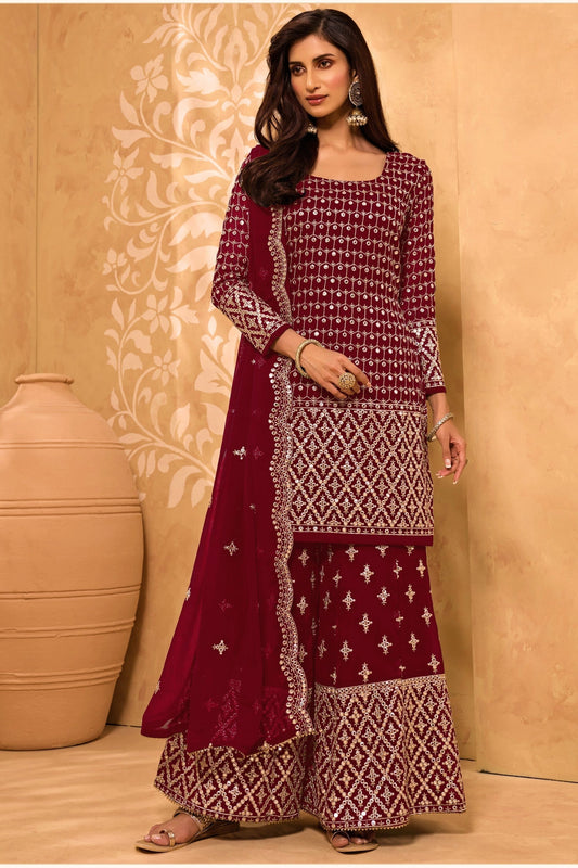 Red Georgette Suit - Sequence Embroidery Work, Zari Work