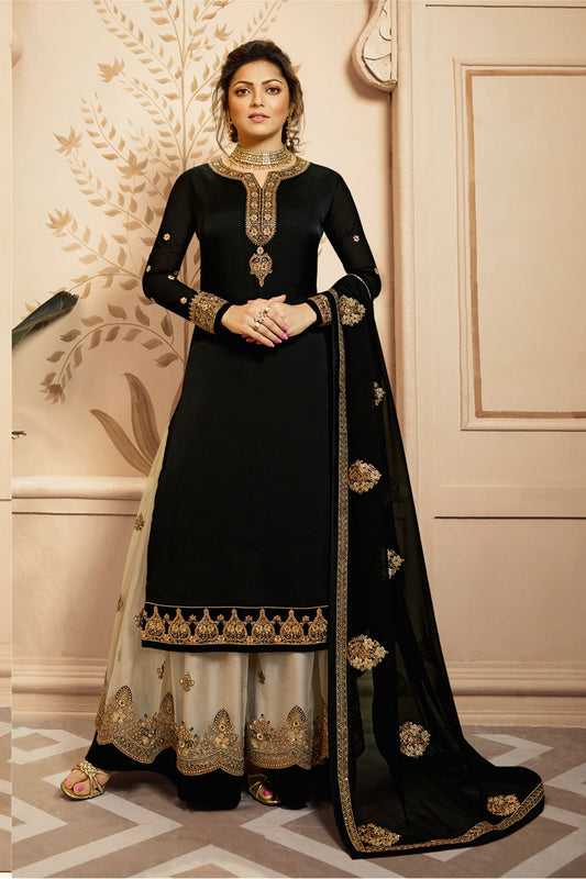 Black Satin Georgette Kameez with Plazo Embroidery Work