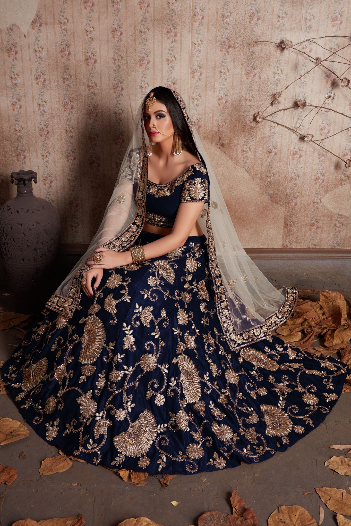 Blue Velvet Silk Lehenga Choli For Festival & Weddings - Sequence Embroidery Work, Lace Work, Zari Work