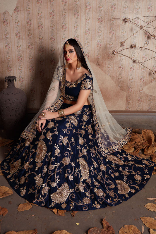 Blue Velvet Silk Lehenga Choli For Festival & Weddings - Sequence Embroidery Work, Lace Work, Zari Work