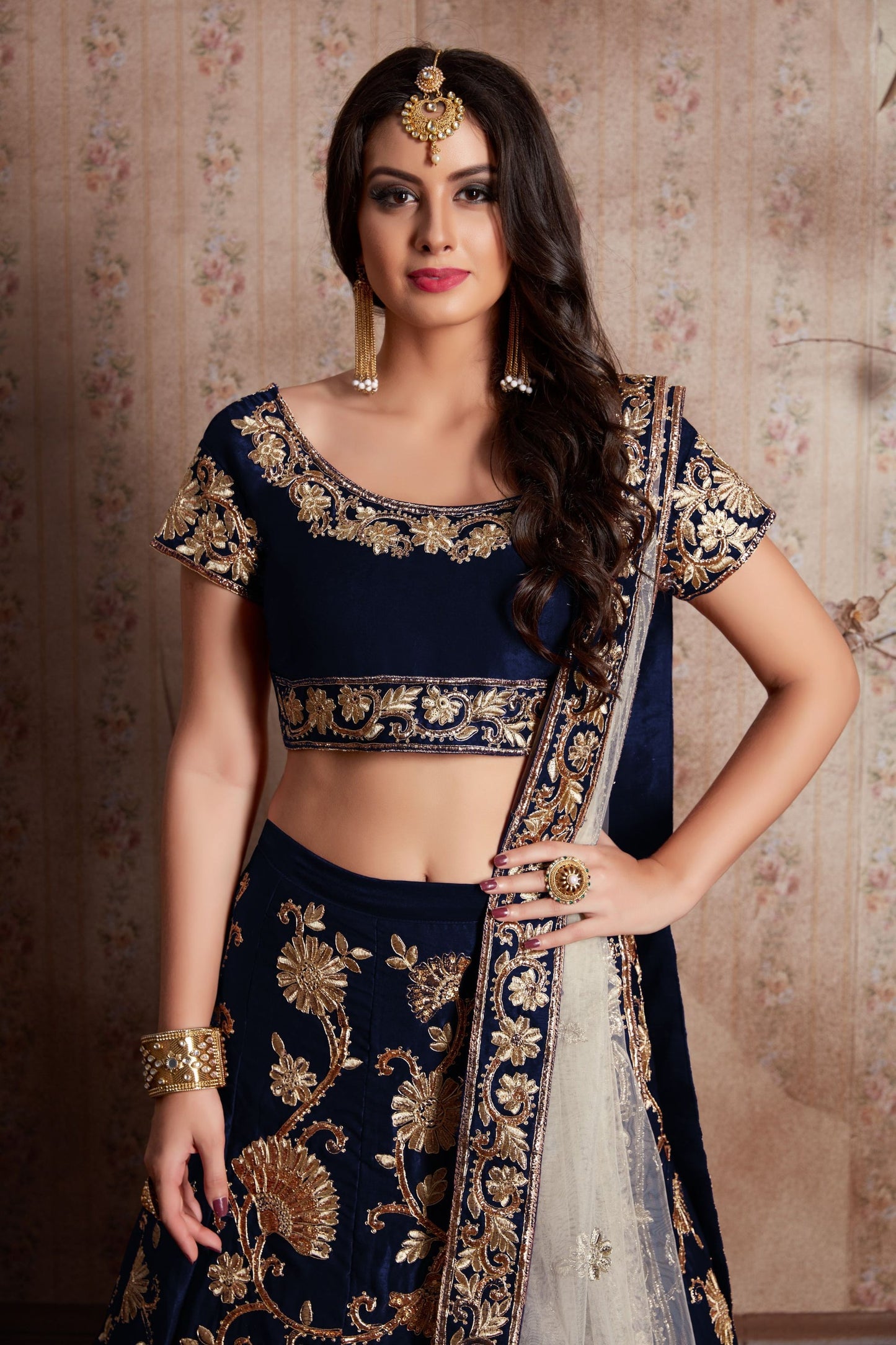 Blue Velvet Silk Lehenga Choli For Festival & Weddings - Sequence Embroidery Work, Lace Work, Zari Work