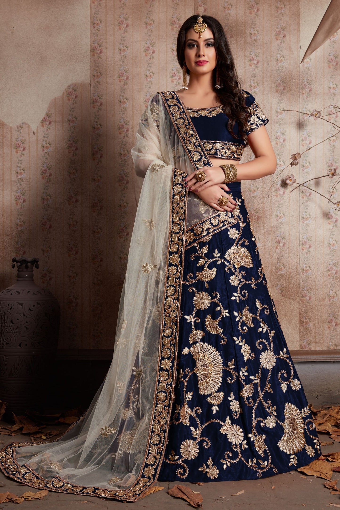 Blue Velvet Silk Lehenga Choli For Festival & Weddings - Sequence Embroidery Work, Lace Work, Zari Work