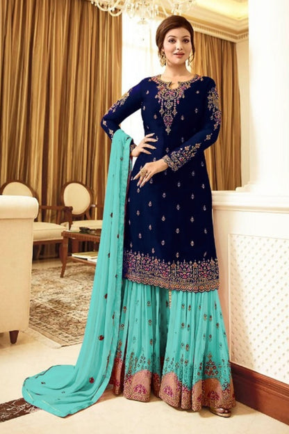 Blue Georgette Sharara Suit - Embroidery Work