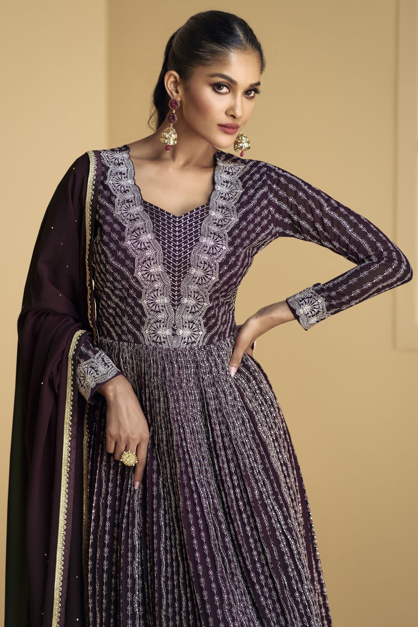 Brown Georgette Floor Full Length Anarkali Gown For  Festivals & Weddings - Embroidery Work