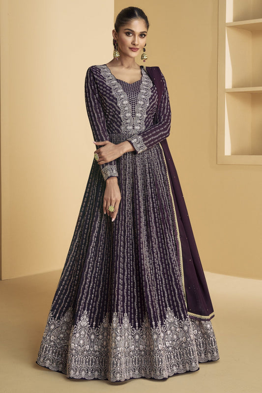 Brown Georgette Floor Full Length Anarkali Gown For  Festivals & Weddings - Embroidery Work