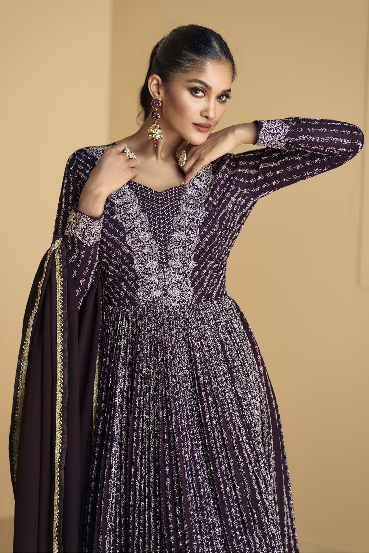 Brown Georgette Floor Full Length Anarkali Gown For  Festivals & Weddings - Embroidery Work