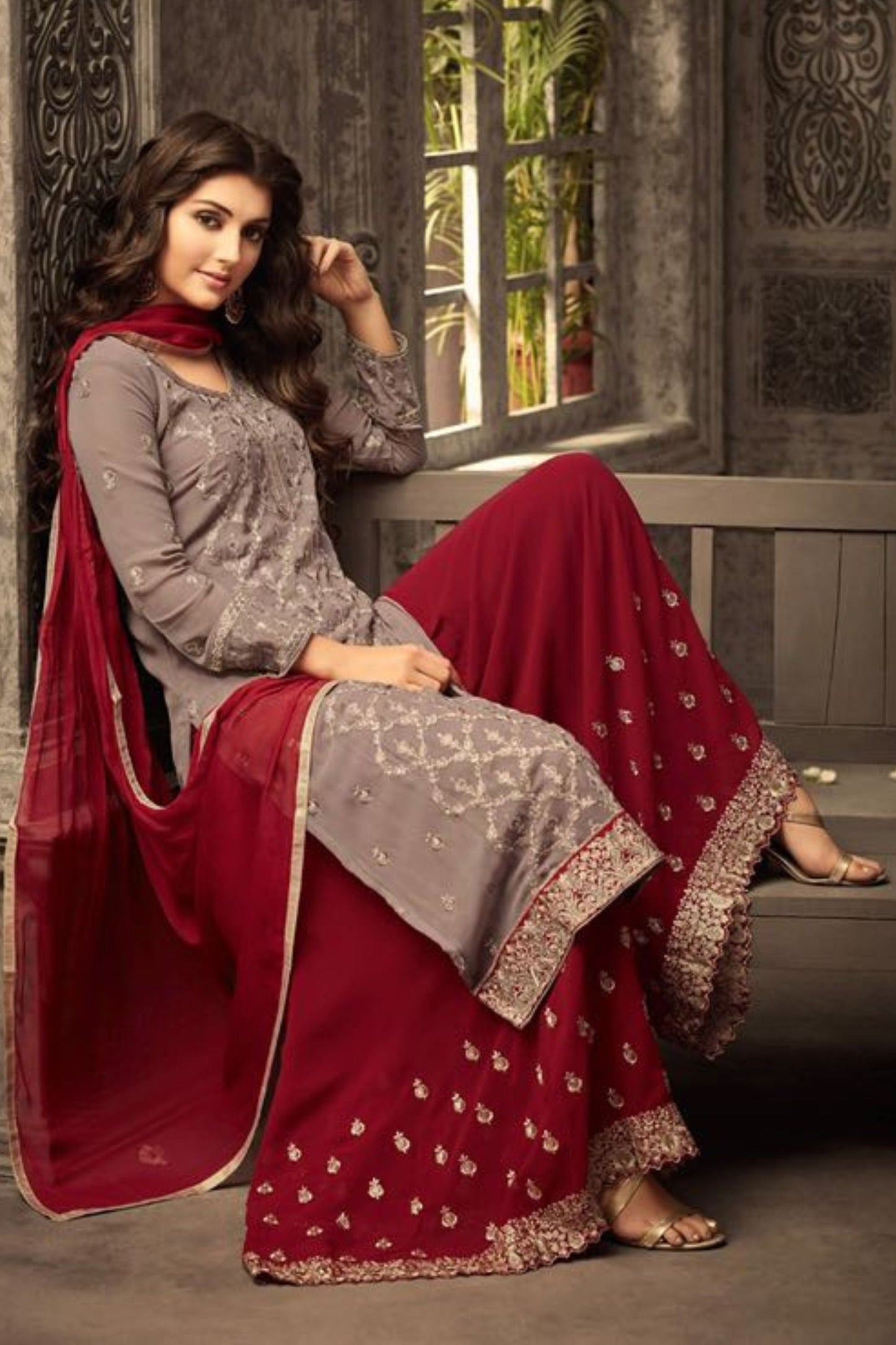 Yellow Chinon Silk Plazo Suit For Weddings & Festival - Embroidery Work